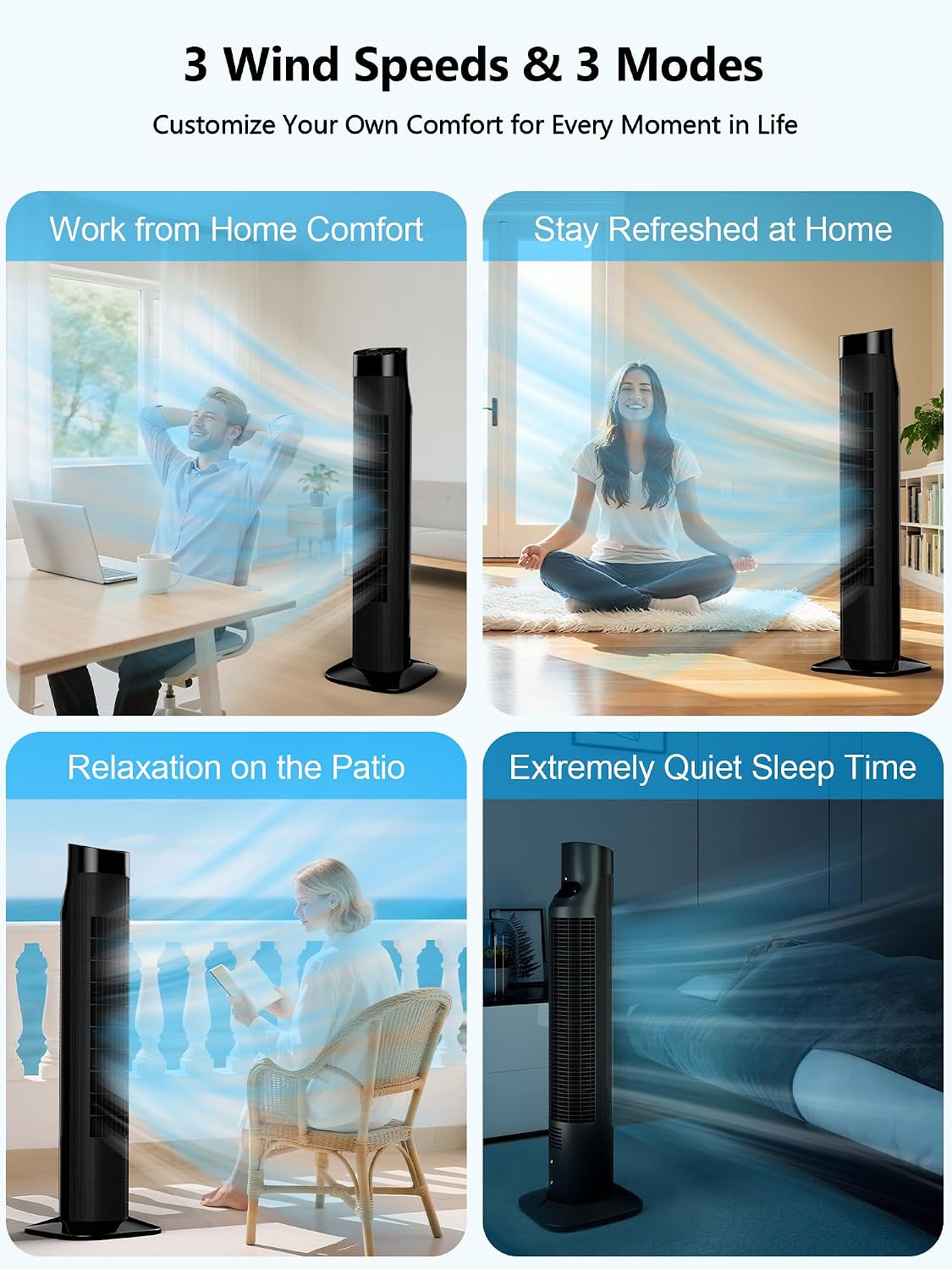 Uthfy Tower Fan with Remote, Portable 120° Oscillating Standing Fan, 3 Speeds & 3 Modes, 7.5H Timer, Fans That Blow Cold Air for Bedroom, Living Room, Office, Black