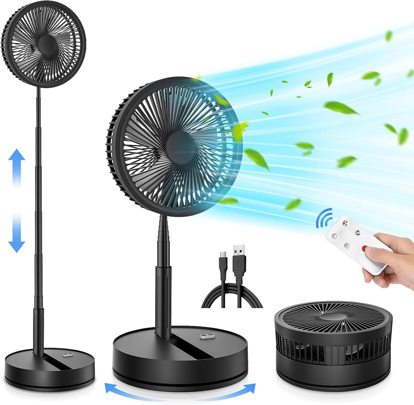 Portable Foldable Rechargeable Oscillating Fan - 8.6" 8000mah Remote Fan | Battery Operated USB C Small Fan Quiet Table Desk Fan Folding Standing Pedestal Fan for Bedroom Rome Office Camping Travel