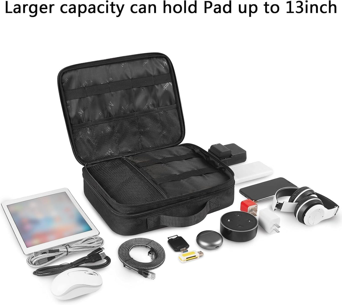 MATEIN Cable Organizer Bag, Large Travel Storage Bag, Sturdy Tool Case | with Handle, Carrying Case for Phone, Cord, Electronics Accessories, Tablet (Up to 12.9inch), Powerbank, Hard Drive, Black