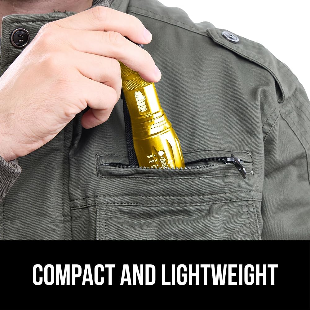 GORILLA GRIP Powerful LED Handheld Tactical Flashlight, 750 FT High Lumens 5 Adjustable Modes, Water Resistant, Ultra Bright Zoom Flashlights, Small Mini, Camping, Night Dog Walking, Gold