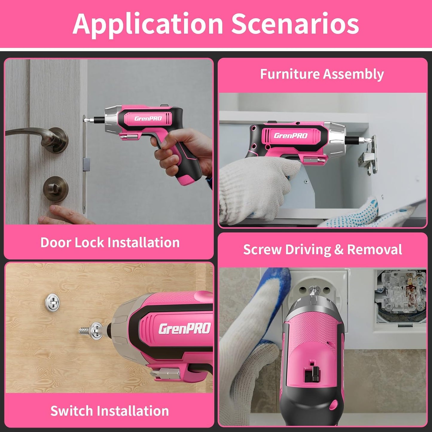 GRENPRO 4V Cordless Electric Screwdriver Set, 29-Piece, Pink | Built-In Non-Removable Battery Charges via USB, Not Sold Separately, Included Bits Support Home Repairs and Assembly