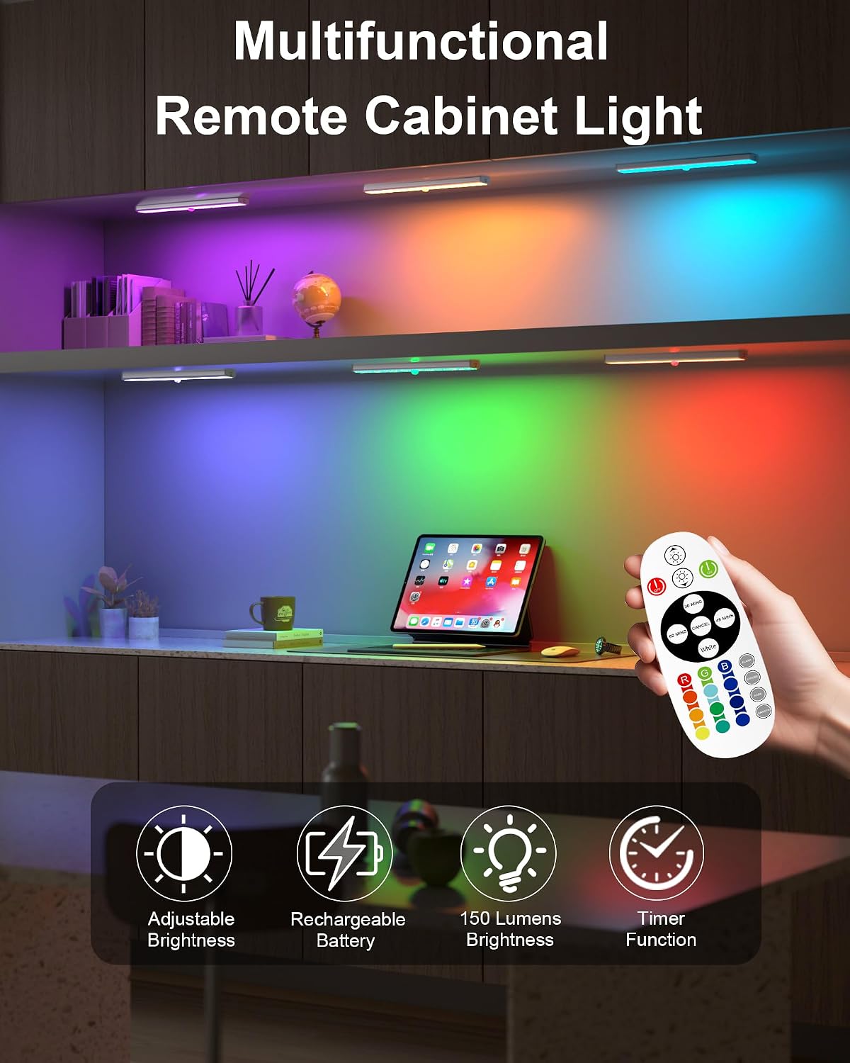 Under Cabinet Lights Wireless, 48-LED Under Cabinet Lighting Rechargeable, Closet Light with Timer & Dimmable, Under Counter Lights for Kitchen Shelf Pantry Desk (4 Packs)