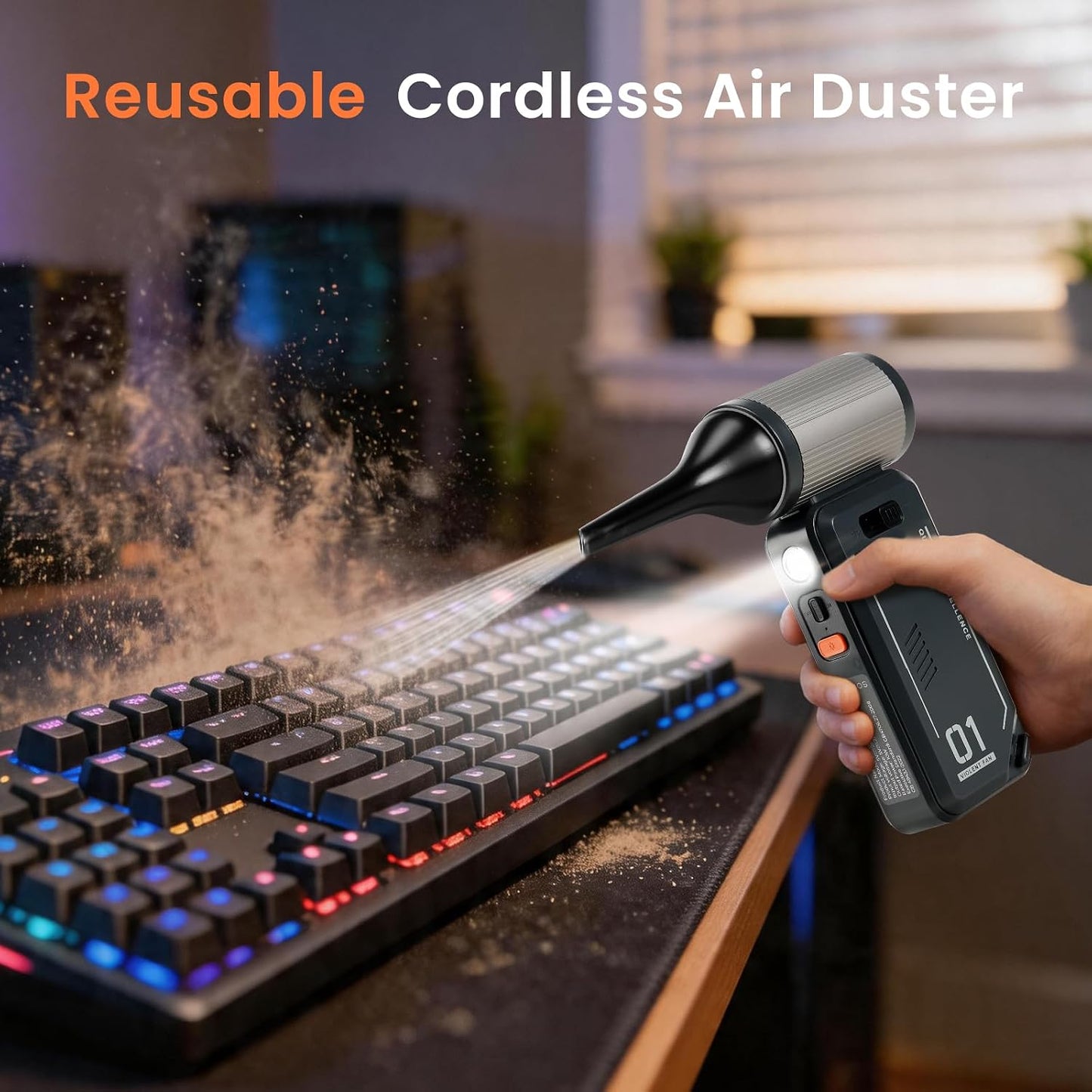 130,000 RPM Rechargeable Compressed Air Duster, Black | Stepless airflow, LED work light and 4 attachments for keyboards, computers, cars and narrow spaces