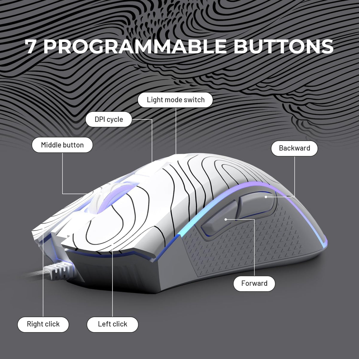 XVX G705 Wired Gaming Mouse, 12000 DPI RGB Gaming Mouse with 12 Backlit Modes &amp; 7 Macro Buttons, PC Gaming Mice Support DIY Keybinding, Mouse Gamer Computer Mouse for Laptop PC Mac Windows,Topographic