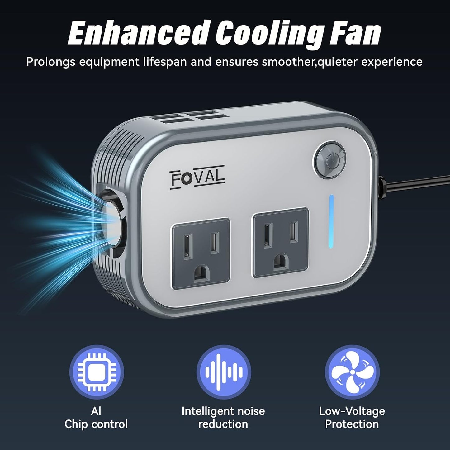 200W Car Power Inverter, FOVAL 12V DC to 110V AC Car Inverte with 4 USB Ports Car Outlet Adapter, Power Inverter for Vehicles, Car Plug Adapter Outlet for Laptop Computer Charger (Gray)