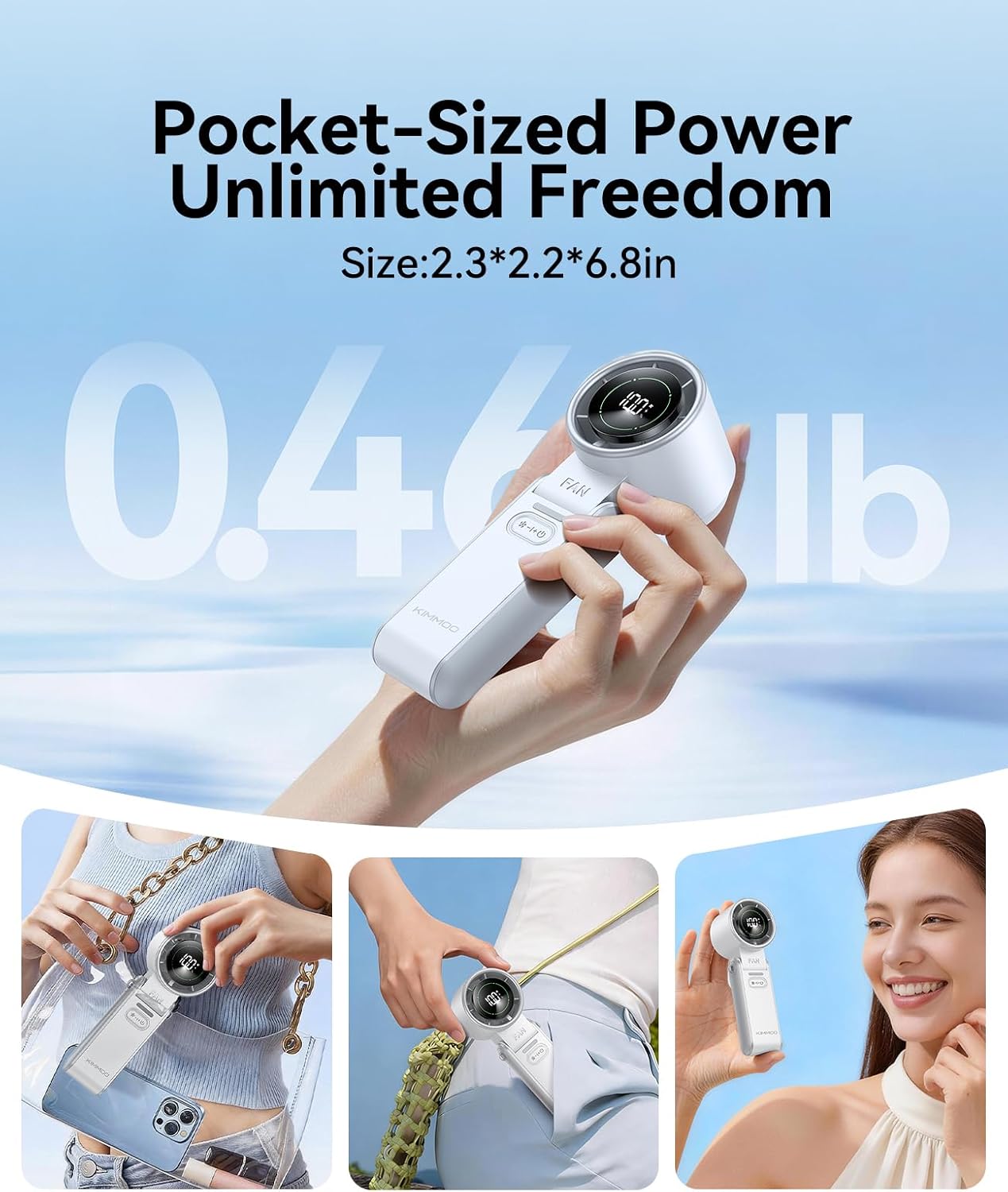 KIMMOO 3-in-1 Portable Handheld Turbo Fan-100 Speeds,Powerful 20000 RPM, 12Hrs Cooling, LED Display, 120° Rotation, USB Rechargeable Mini Hand Held Personal Fan for Travel Makeup Outdoor Indoor, White