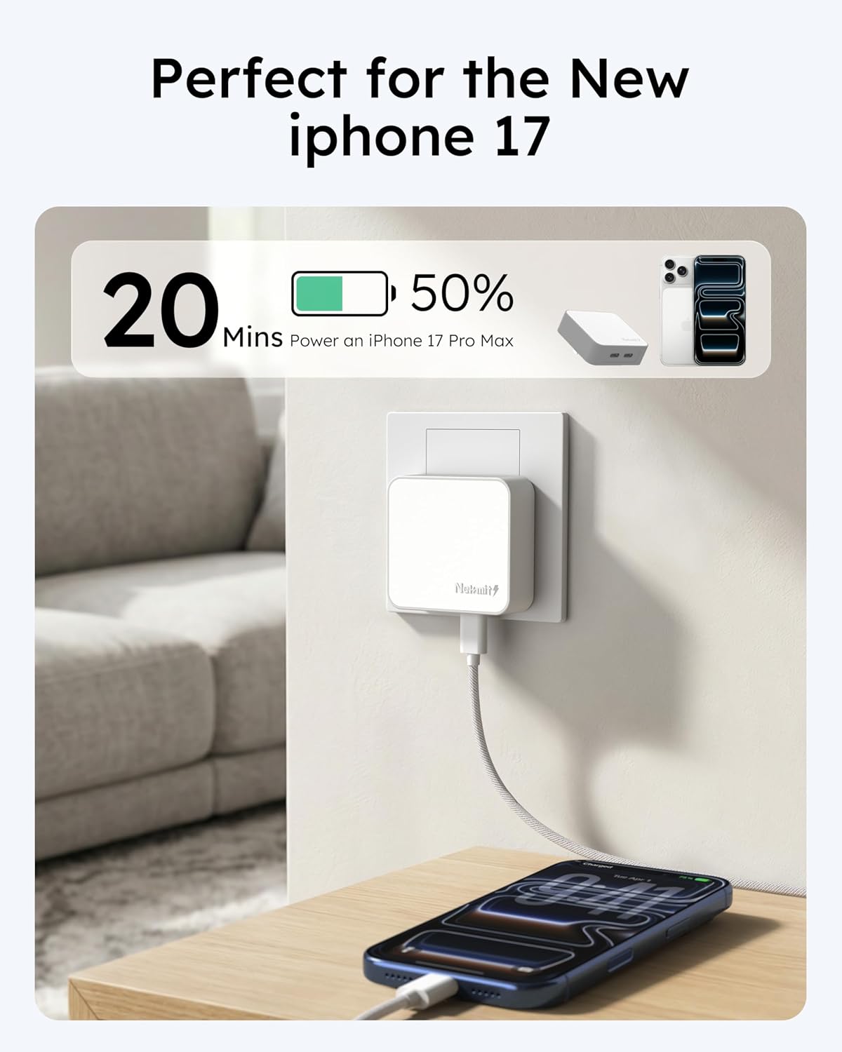 Nekmit Dual USB C Wall Charger, 50W PD PPS Fast USB Charger Block with 2 USB-C Ports, Flat USB Wall Plug Adapter with Fixed Prongs for iPhone 17/16, MacBook Air, iPad and More (White)