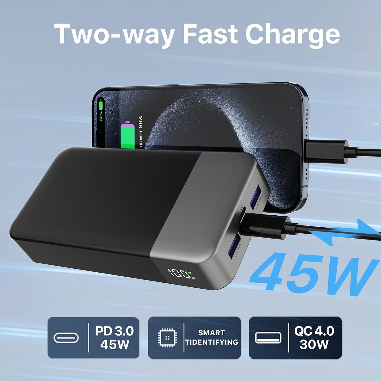 NOBIS Portable Charger 45W 20000mAh Power Bank Fast Charging | 2C+2A Battery Pack with C to C Cable, Battery Bank with Digital Display for iPhone Android Laptop etc