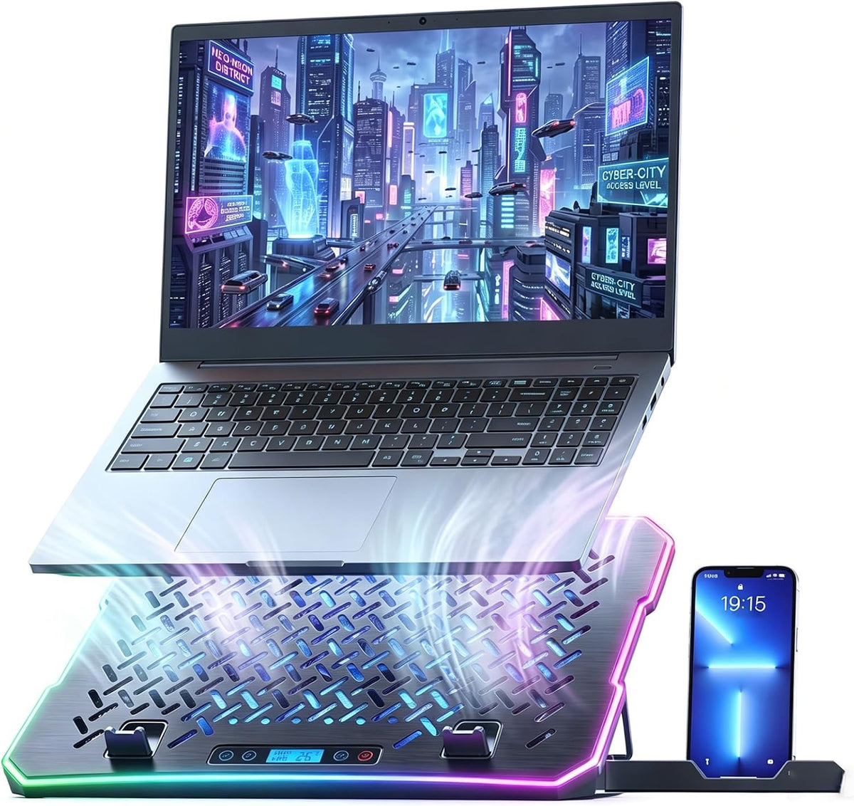 Gaming Laptop Cooling Pad, Laptop Cooler with 12 Quiet Fans, RGB Laptop Fan Cooling Stand with LCD Display, 5-Level Ergonomic Adjustable Mount, Fits 15.6 17 17.3 Inch Laptops, Mac, PC (Black)