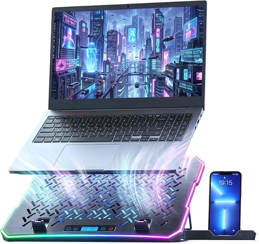 Gaming Laptop Cooling Pad, Laptop Cooler with 12 Quiet Fans, RGB Laptop Fan Cooling Stand with LCD Display, 5-Level Ergonomic Adjustable Mount, Fits 15.6 17 17.3 Inch Laptops, Mac, PC (Black)