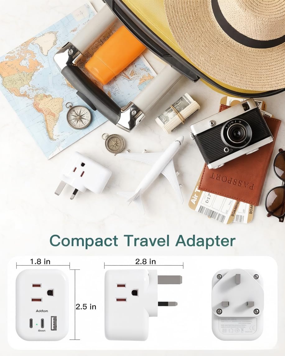 Addtam US to UK Ireland Travel Plug Adapter, Type G Power Plug Adapter with 3 Outlets 3 USB Ports(2 USB C), UK Adapters for Travel for USA to Dubai England London Scotland British Kenya Irish Hongkong