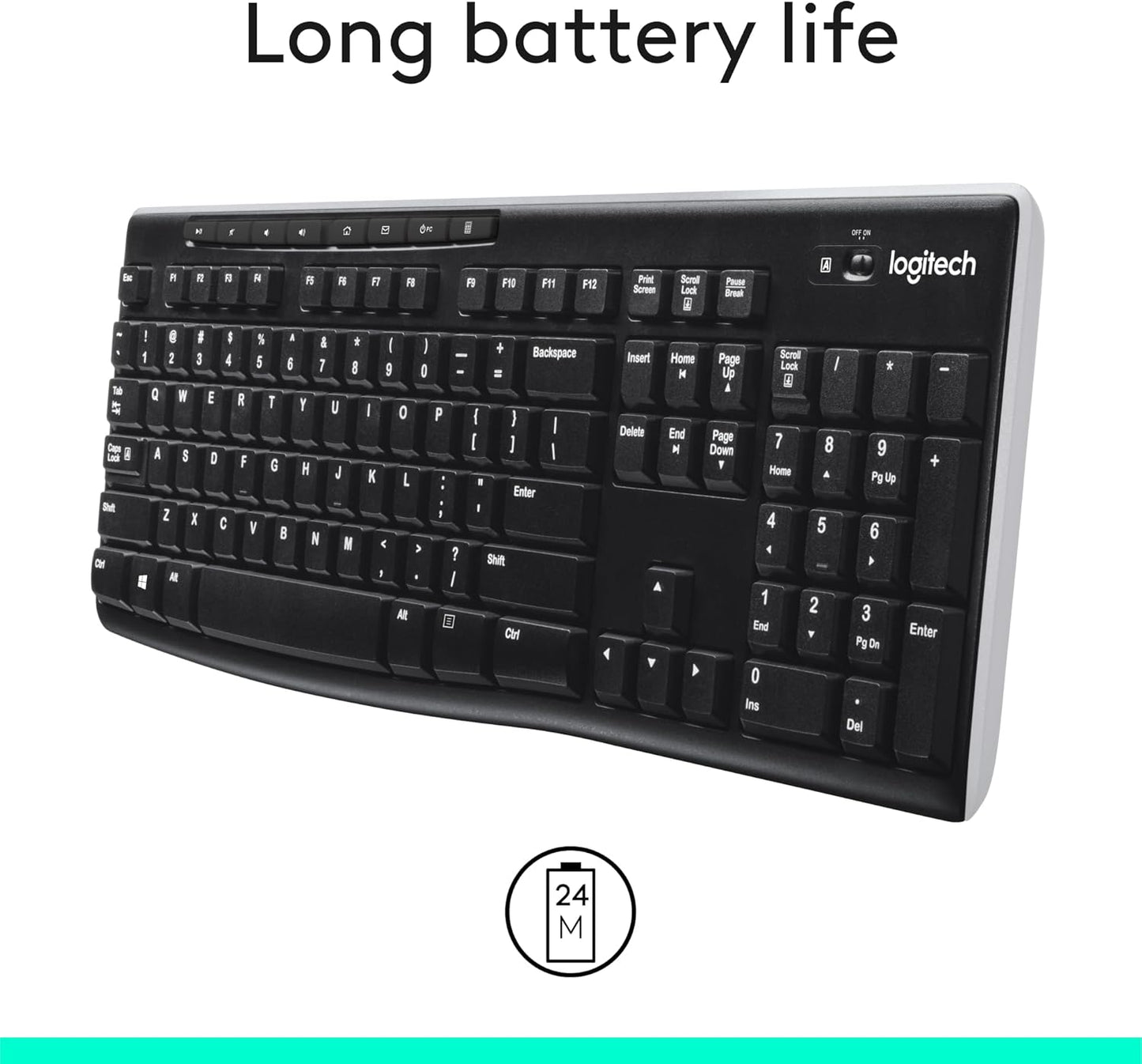 Logitech K270 Full Size Wireless Keyboard for Windows - Black | Full-size keyboard with number pad, 8 multimedia keys, includes USB-A receiver, 2-year battery, compatible with PC, laptop