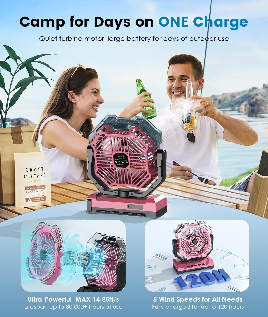 Misting Fan - Pink Portable Rechargeable Fan with 9oz Water Tank, Light, Hook - Versatile, 120H MAX Cooling, Last 5H Mist, 4 Speed, Sleep Mode - Outdoor Fans for Camping, Travel, Patios