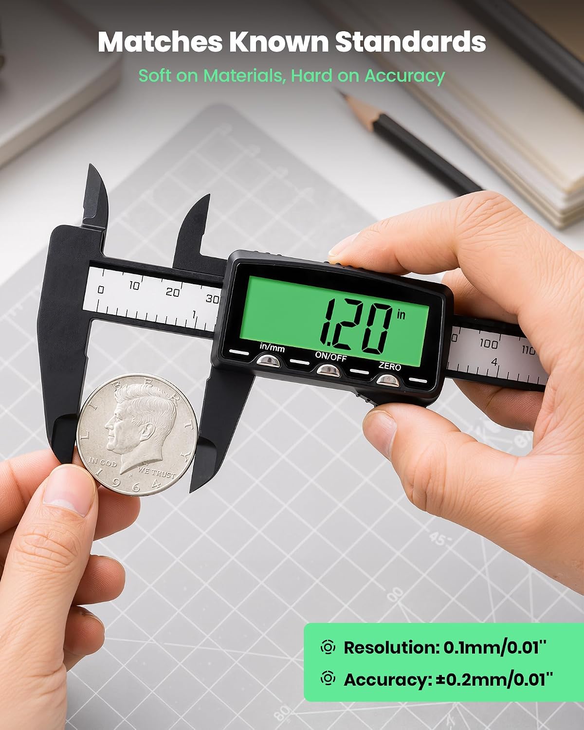 HARDELL Rechargeable Digital Caliper 6" Plastic Calipers Green Screen | High-Contrast Everyday Caliper Measuring Tool Inch/MM Auto-Off Woodworking DIY Jewelry Household Non-Backlight