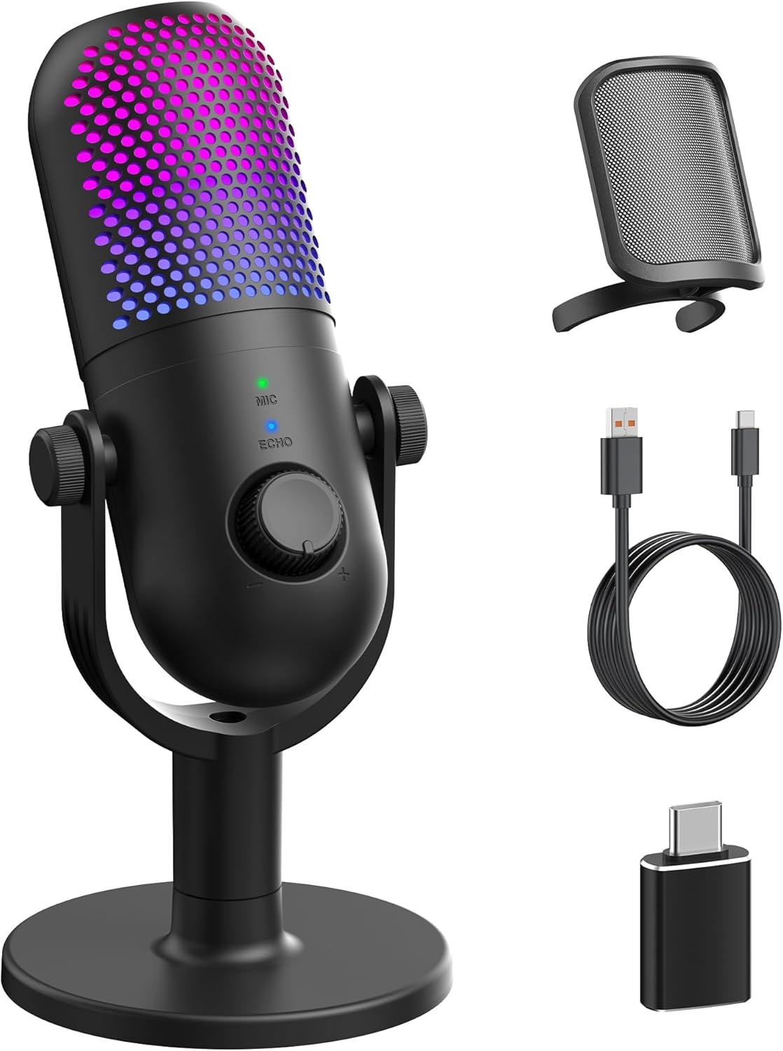 USB Microphone for PC Gaming: Condenser Microphone RGB for Gamer with Stand Mic - Recording Mic for Computer&amp;Laptop with Qiuck Mute - Desk Podcast Mic for Podcast &amp; Singing &amp; Streaming &amp; Youtube Black