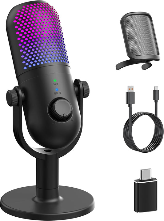 USB Microphone for PC Gaming: Condenser Microphone RGB for Gamer with Stand Mic - Recording Mic for Computer&amp;Laptop with Qiuck Mute - Desk Podcast Mic for Podcast &amp; Singing &amp; Streaming &amp; Youtube Black