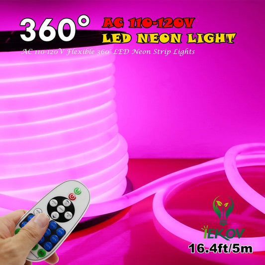 [Upgrade] 360° LED NEON Light, AC 110-120V Flexible 360 Degree LED Neon Strip Lights, Dimmable & Waterproof NEON LED Rope Light + Remote Controller for Decoration (16.4ft/5m, Pink)