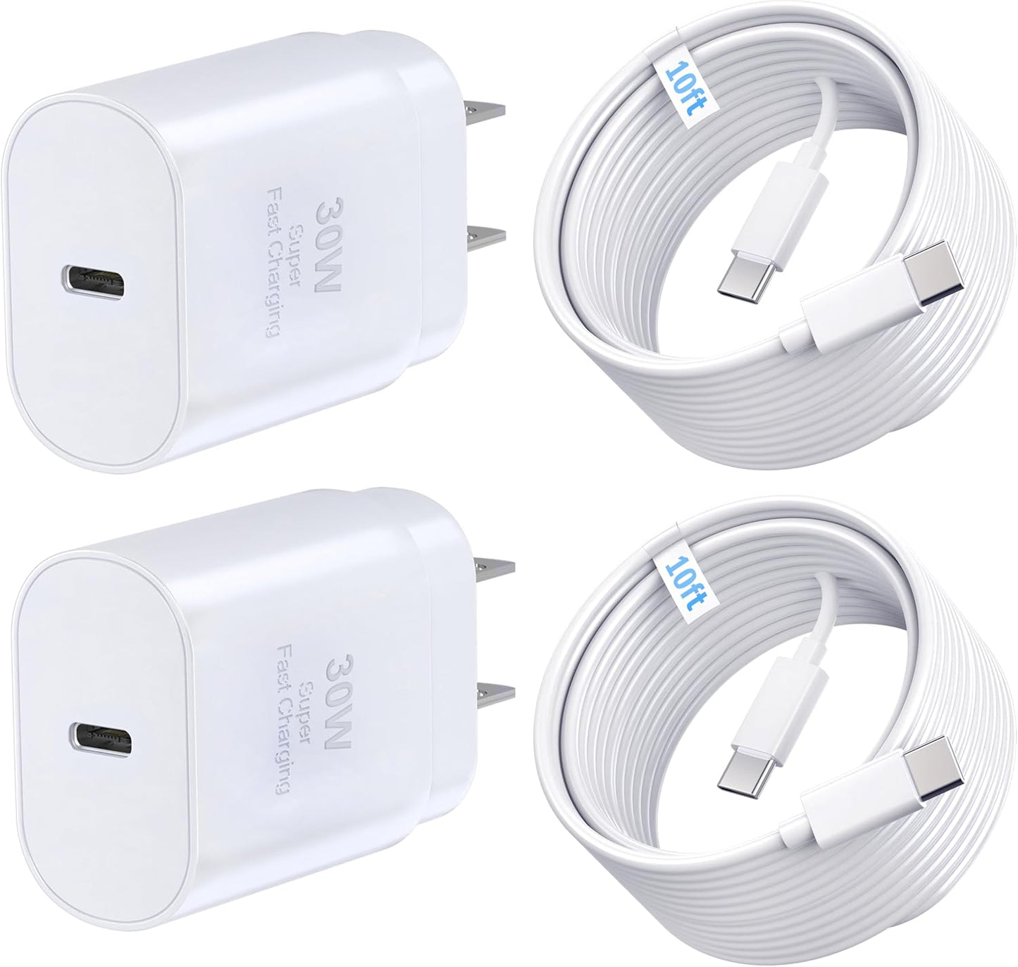 TT&C 2-Pack 30W USB C Fast Charger, USB-C Block with 10FT & 6FT Cable | PD 3.0 Power Wall Block Compatible with iPhone 17,16, 15, Pro Max, & for Galaxy S26 S25 S24 Ultra & iPad Pro (White)