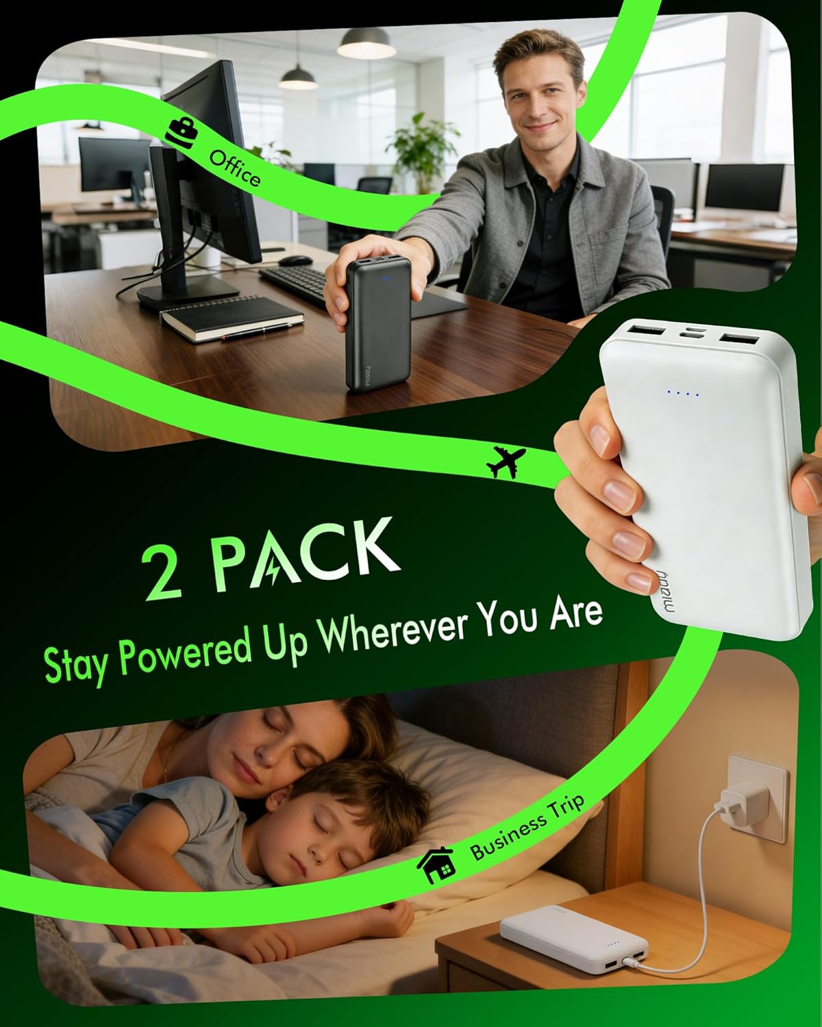 Miady 2-Pack Portable Charger PD 22.5W Power Bank 20000mAh Battery Pack | 74Wh丨Fast Charging丨3 Outputs 2 Inputs丨High Capacity丨Compatible with iPhone 17 iPad Android etc丨for Travel Camping丨Black+White