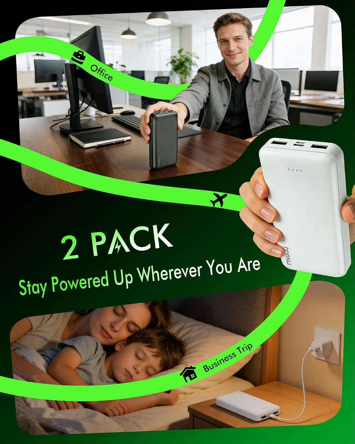 Miady 2-Pack Portable Charger PD 22.5W Power Bank 20000mAh Battery Pack | 74Wh丨Fast Charging丨3 Outputs 2 Inputs丨High Capacity丨Compatible with iPhone 17 iPad Android etc丨for Travel Camping丨White+White