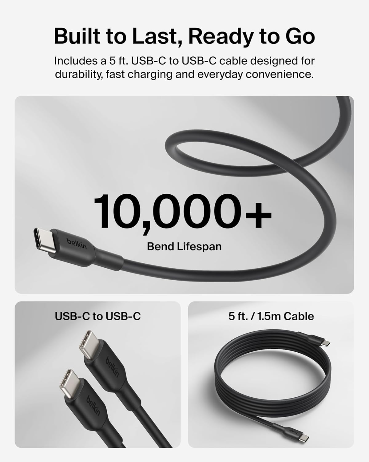 Belkin 100W Compact GaN USB C Charger Block Fast Charging for MacBook | PD 3.2, Super Fast Charging 2.0, Laptop Charger, iPad, iPhone 17, Samsung Galaxy, Pixel, Foldable Prongs, 5ft Cable Included