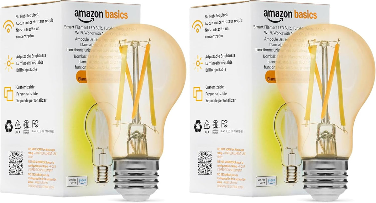 Amazon Basics A19 Smart Filament LED Bulb, Tunable White, Dimmable, Wi-Fi Enabled, Works with Alexa Only, Easy Setup, 2.4 GHz Wi-Fi, 4-Pack