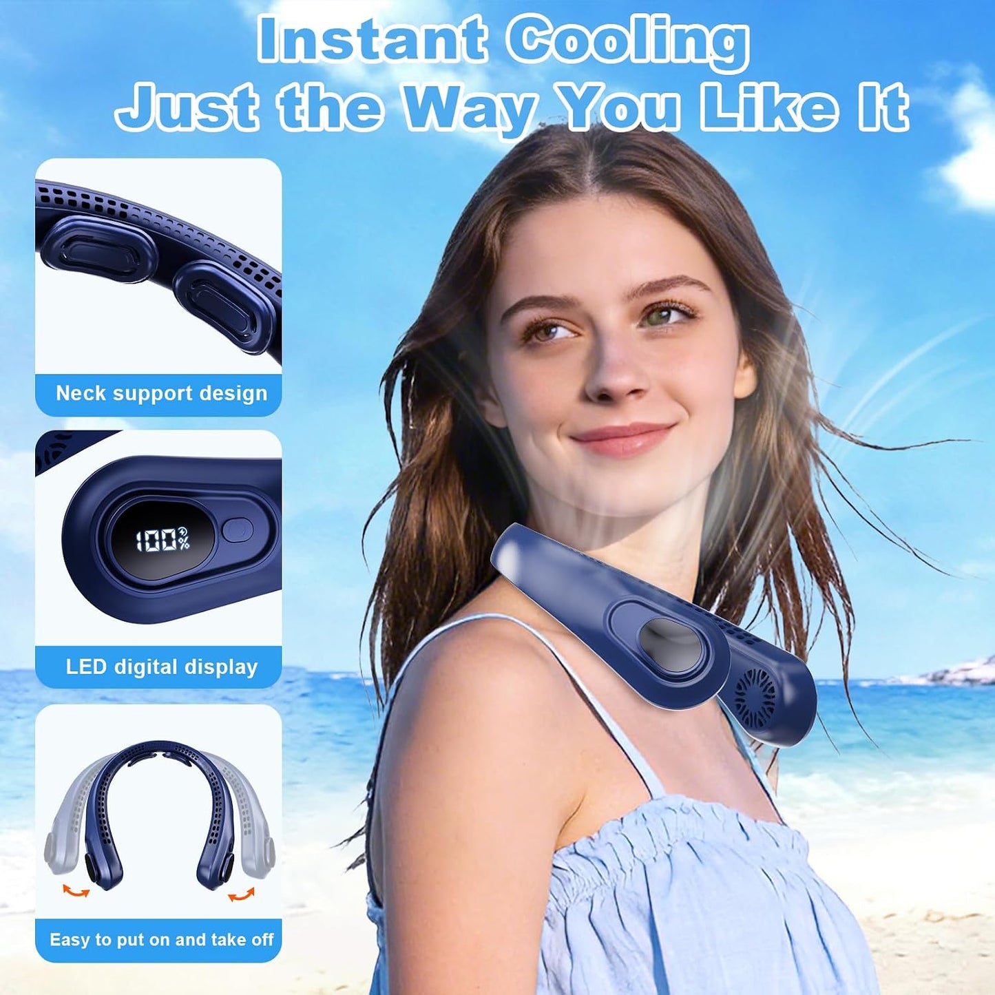 Portable Neck Fan Rechargeable - [with LED Display] 5 Speeds, 5000 mAh Battery Operated Wearable Personal Cooling Bladeless Fan for Outdoor Travel, Gifts for Men Women Kids,Dark Blue