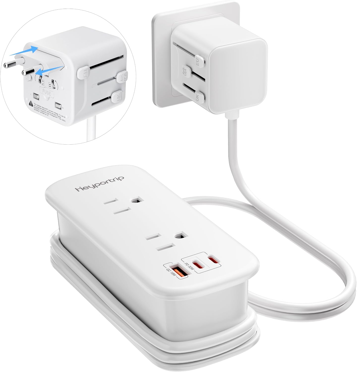 Universal Travel Adapter, PD 30W European Travel Plug Adapter with 2 USB-C & 1 USB-A Ports, International Power Adapter Fast Charging with 70in Power Cord for USA EU UK AUS