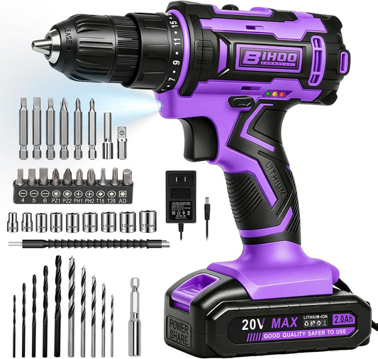 20V Cordless Drill with Battery and Charger, 3/8'' chuck, Purple | 25+1 torque settings, 25Nm max, 2-speed 1600RPM electric screwdriver, 3/8 inch keyless chuck, LED light, 2000mAh Li-ion power