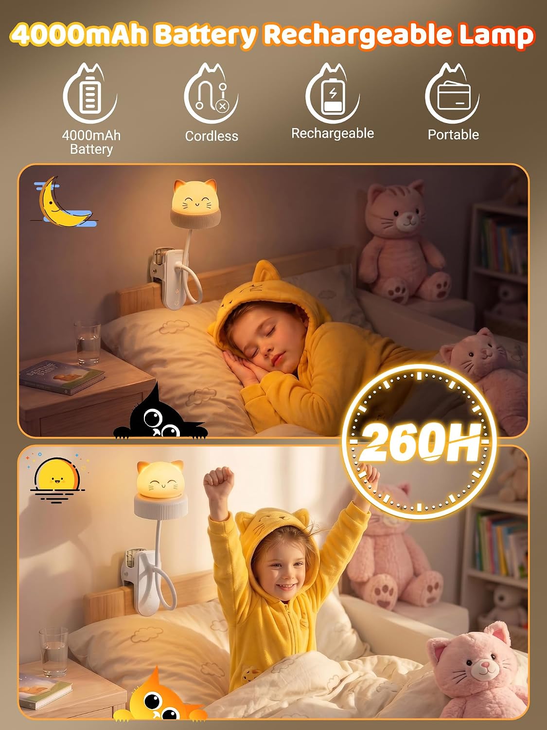 Cat Lamp,Dimmable RGB Clip on Light,Cute Desk Lamp Rechargeable Night Light | 4000mAh Battery Desk Lamp with Clamp,Cordless & Wireless Clip on Night Light for Kids/Toddle/Baby,Bed Headboard/Bedside/Table