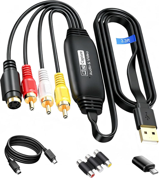 3.3 Feet VHS to Digital Converter, Type-C/USB 2.0 Video Cpture Card | RCA AV to USB Audio Video Converter, 1080 Video Capture Device Convert VHS VCR DVD to Digital Adapter for Windows, Mac OS