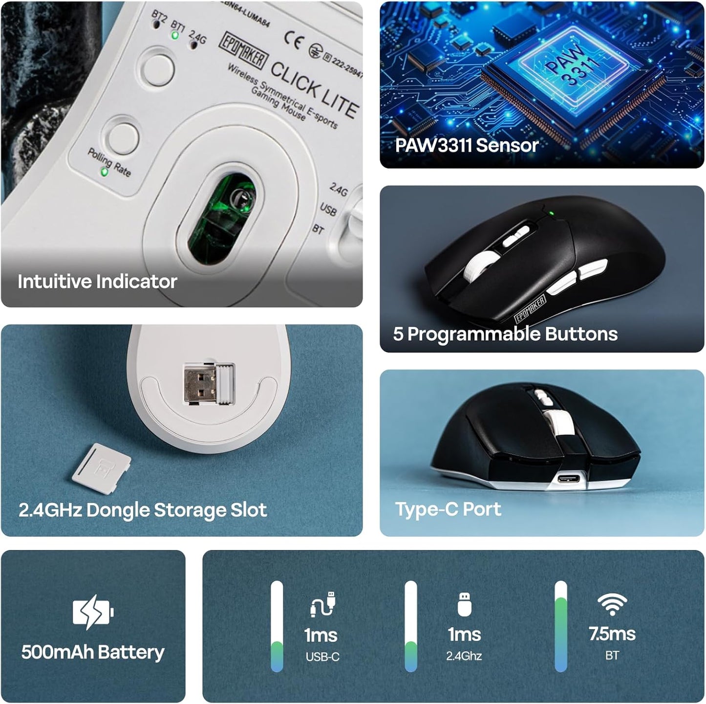 EPOMAKER Click Lite Wireless Gaming Mouse, 800 to 12,000 DPI Adjustable, PAW3311 Sensor, 500mAh, 59g, 2.4G/BT/USB-C Rechargeable Wireless Mouse with 5 Programmable Buttons for PC/Mac/Linux (Black)