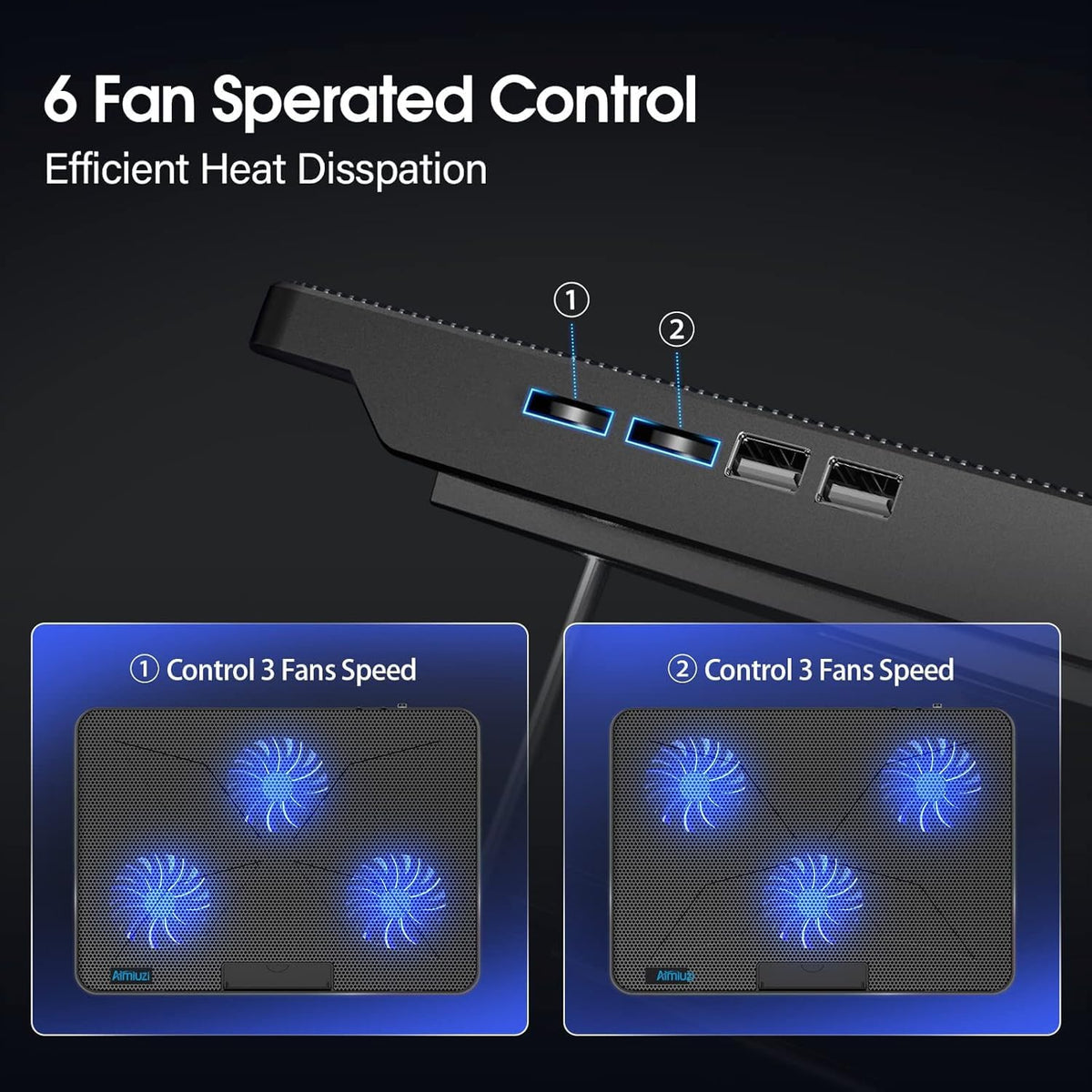 AIMIUZI Laptop Cooling Pad, Gaming Laptop Cooler with 6 Quiet Fans, Laptop Fan Cooling Pad Fits 12-17 Inch Laptop, USB Port Powered, 7 Adjustable Height