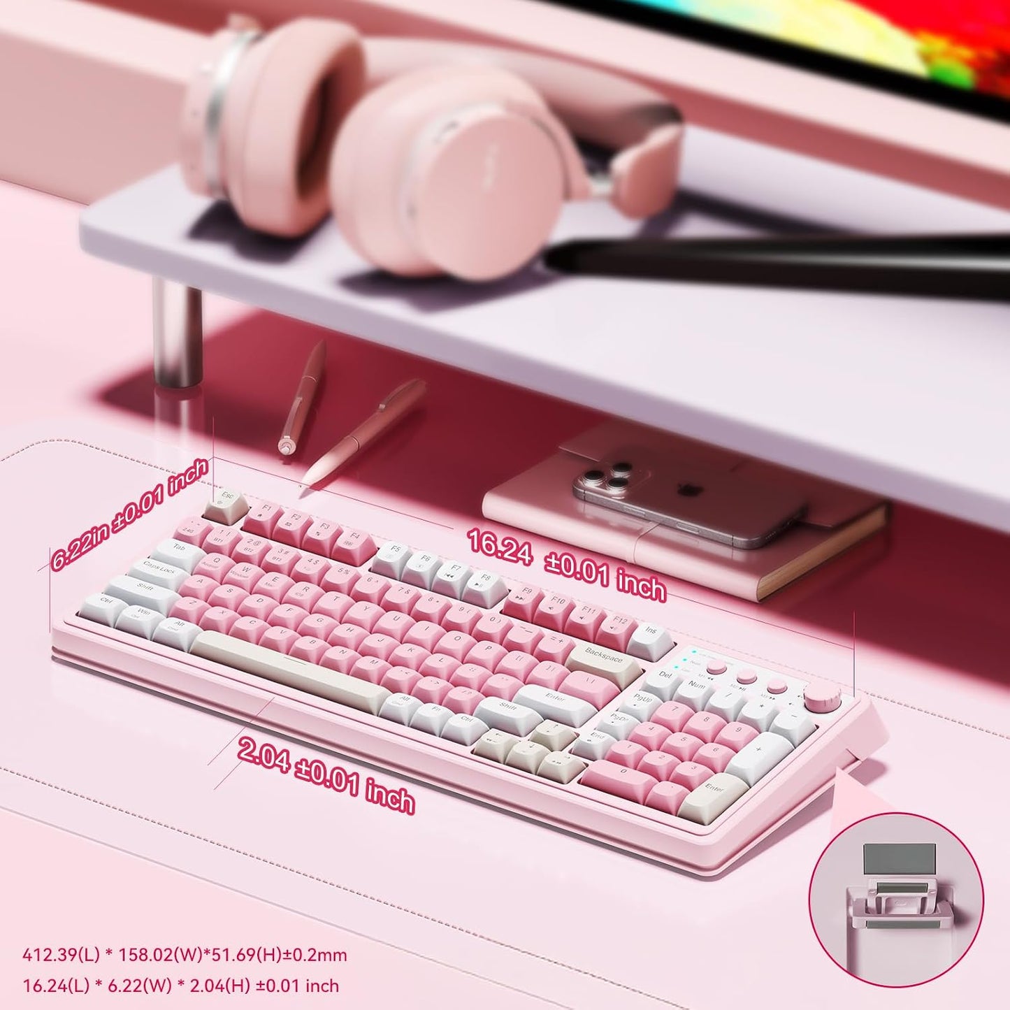AULA 99 Key Keyboard, Wireless Pink Gaming Keyboard Creamy with Number Pad | Membrane Keyboard,RGB Backlit,Tri-Mode BT/2.4GHz/USB-C,2000mAh Rechargeable Thocky Clicky Creamy Sound Computer Keyboards