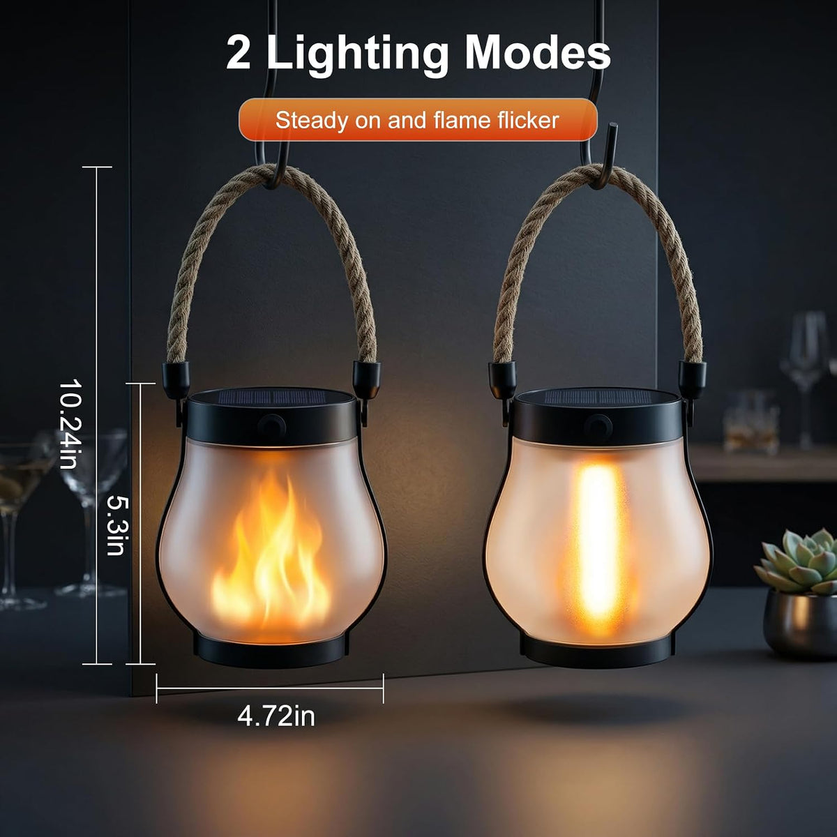 Solar Lanterns Outdoor Waterproof 4-Pack, Flickering Flame Effect | Rechargeable lanterns with USB-C charging, a decorative hanging design, and dusk-to-dawn use for patios, porches and gardens