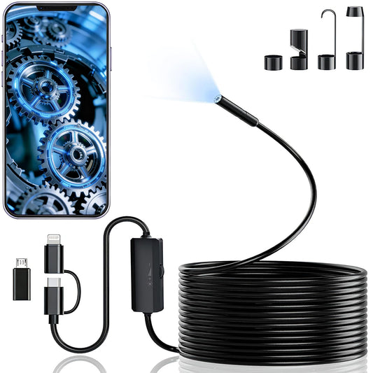 5.5mm Endoscope Camera, 1920P HD Borescope with 8 Adjustable LED Lights, Semi-Rigid Snake Cable, IP67 Waterproof, 16.4ft Single Lens for iOS & Android