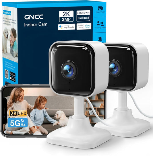 GNCC 2K Indoor Camera for Home Security with Phone App 5G/2.4G WiFi Pet Cam | Mini Pet Cam w/Human/Motion/Sound Detection, Compatible with Alexa, Cloud Storage Optional, Fixed View, Plug-in, 2 Pack