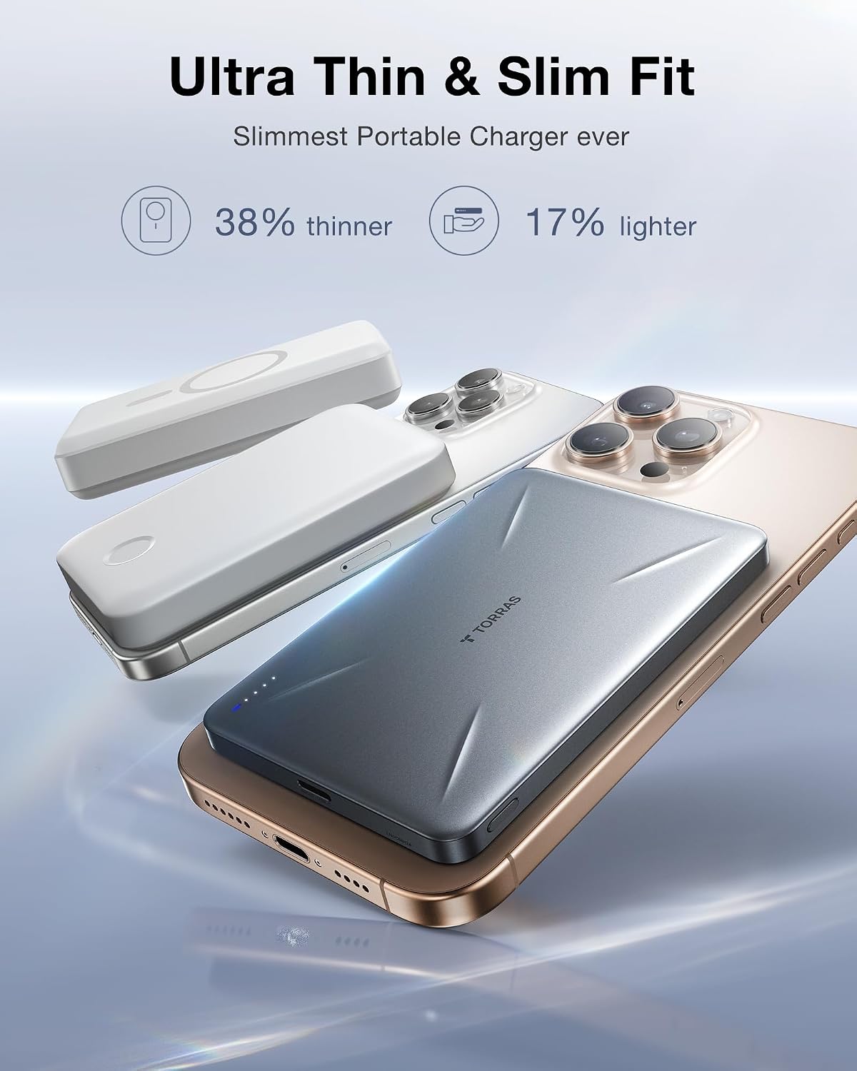 TORRAS for MagSafe Portable Charger, Ultra Slim 5,000mAh Wireeless Magnetic Power Bank Fast Charging Battery Pack with USB-C Cable, Magsafe-Compatible Charger for iPhone 17 Pro Max/17 Pro/16/15/14/13
