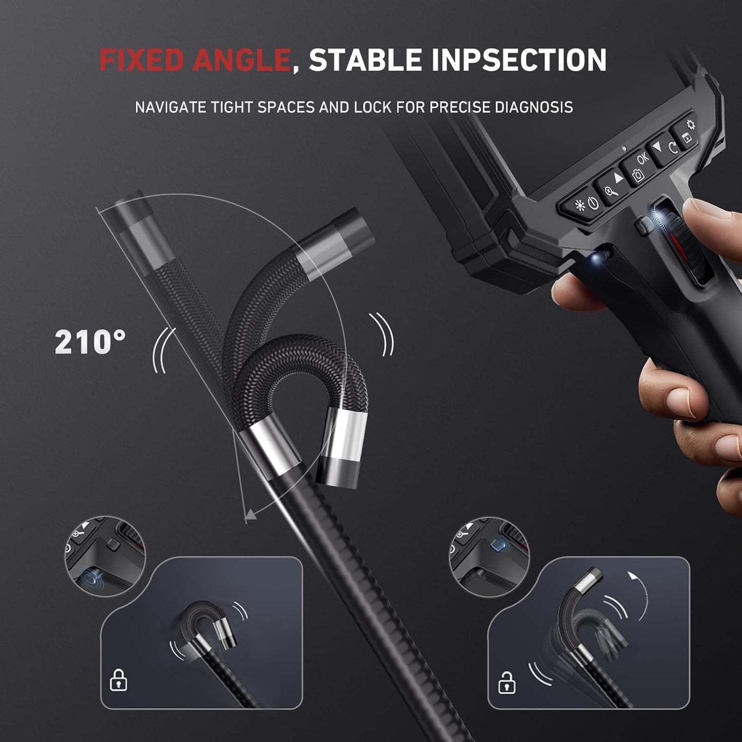 Two-Way Articulating Borescope for Mechanic Automotive HVAC Wall | 8X Zoom, 5" HD Video Endoscope Inspection Camera, 32GB Card, IP67 Waterproof Slim Probe 10FT
