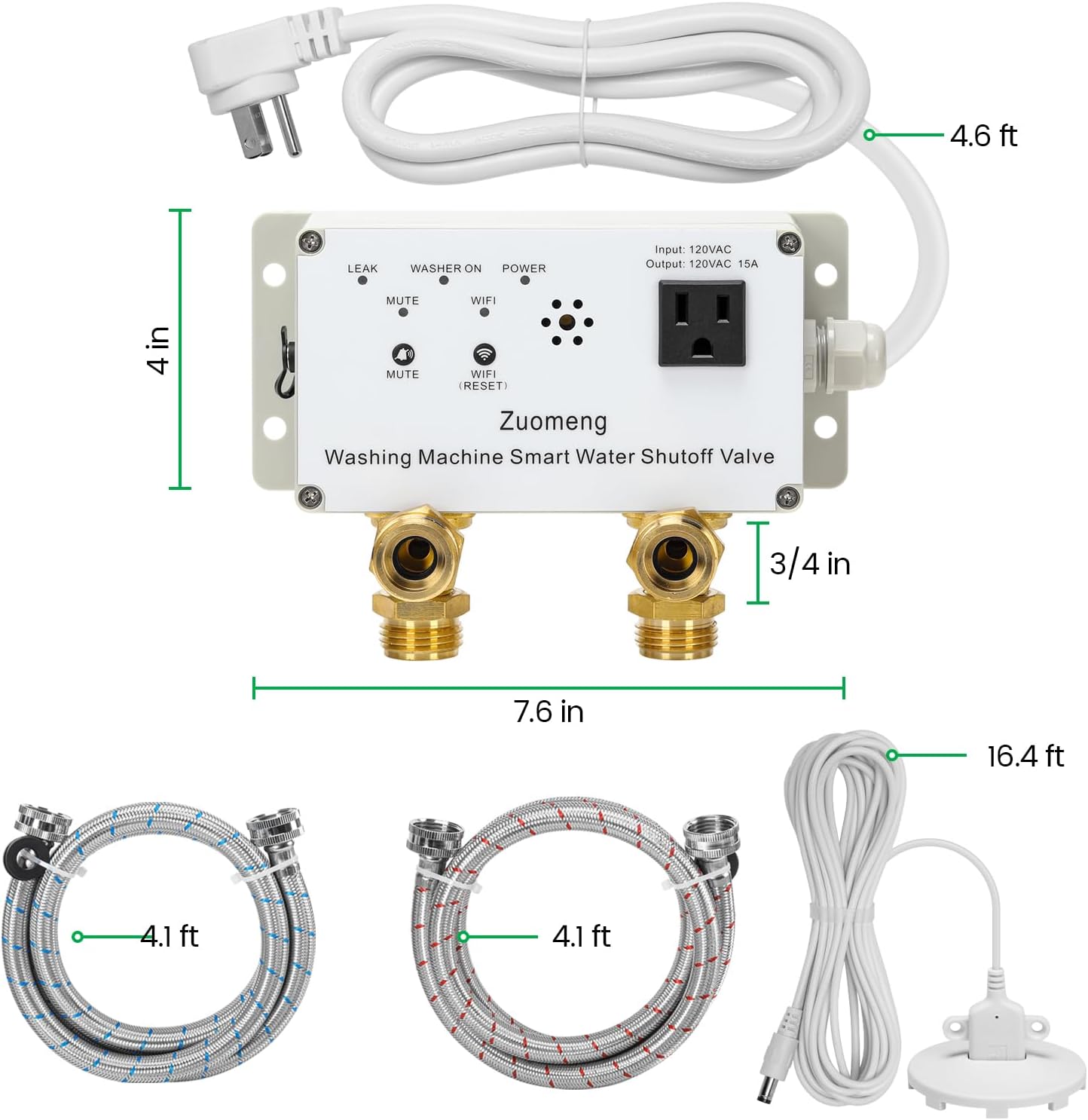 WiFi Smart Water Shutoff Valve with Leak Sensor, 3/4" Brass Valve & Extra Hose, Effortless Remote Control and Real-Time Water Leak Alerts via App, White