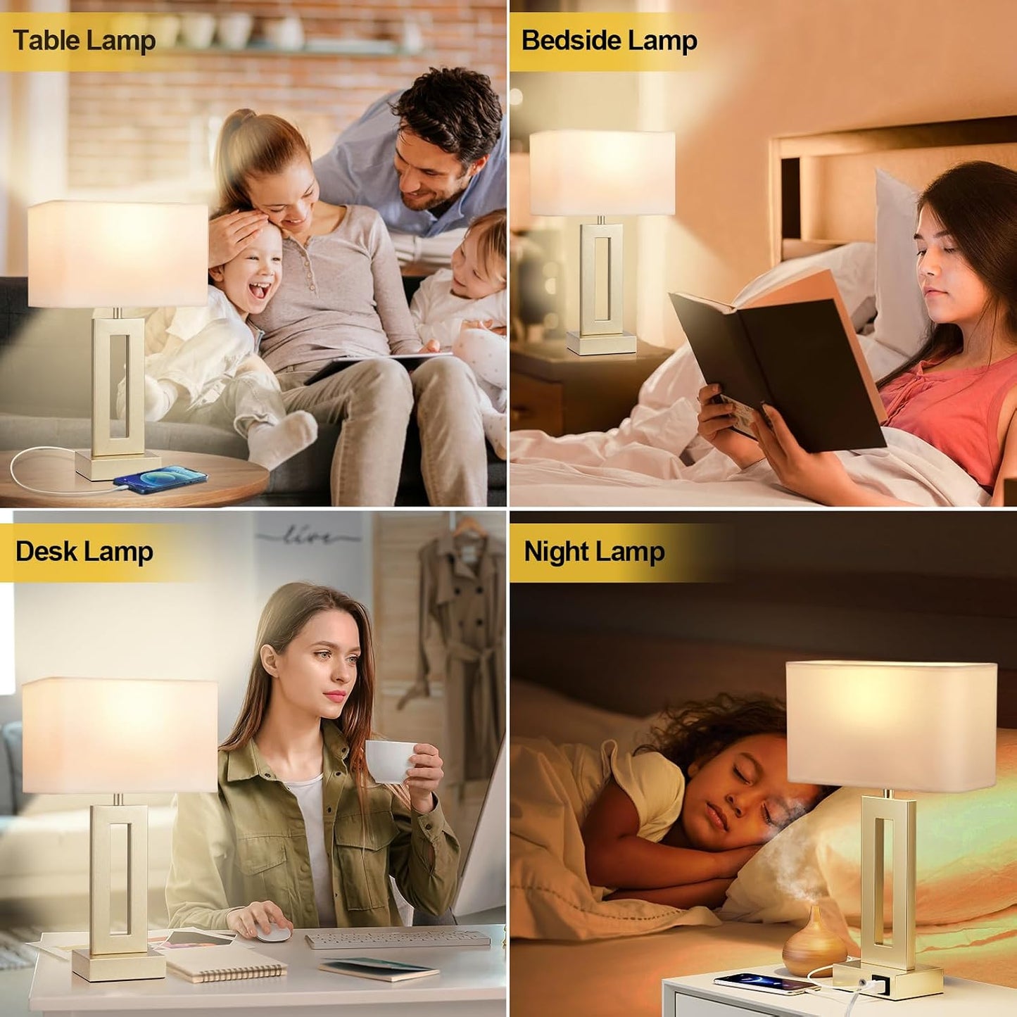 Gold Table Lamps Set of 2, 16.4" Bedside Lamps for Nightstand with USB C+A | 3 Way Dimmable, Touch Night Stand Lamp with Charging Station for Beroom, Dorm, Living Room, Desk, LED Bulb Included