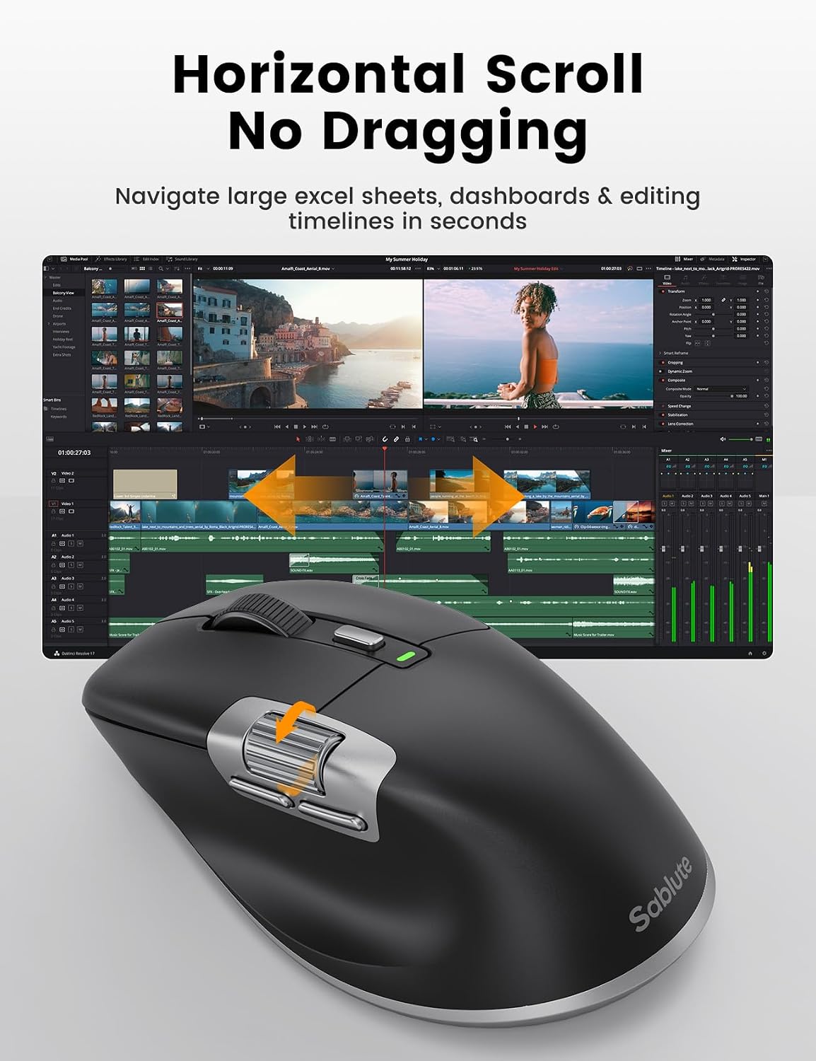 SABLUTE Wireless Mouse for Laptop (2.4G+2BT+Wired),Ergonomic Optical Mice | 800mAH Rechargeable, Ultra-Fast Scrolling, Side Scroll, Quiet Clicks, 8K DPI, 5 Programmable Buttons, Work with Win/Mac- MAM6