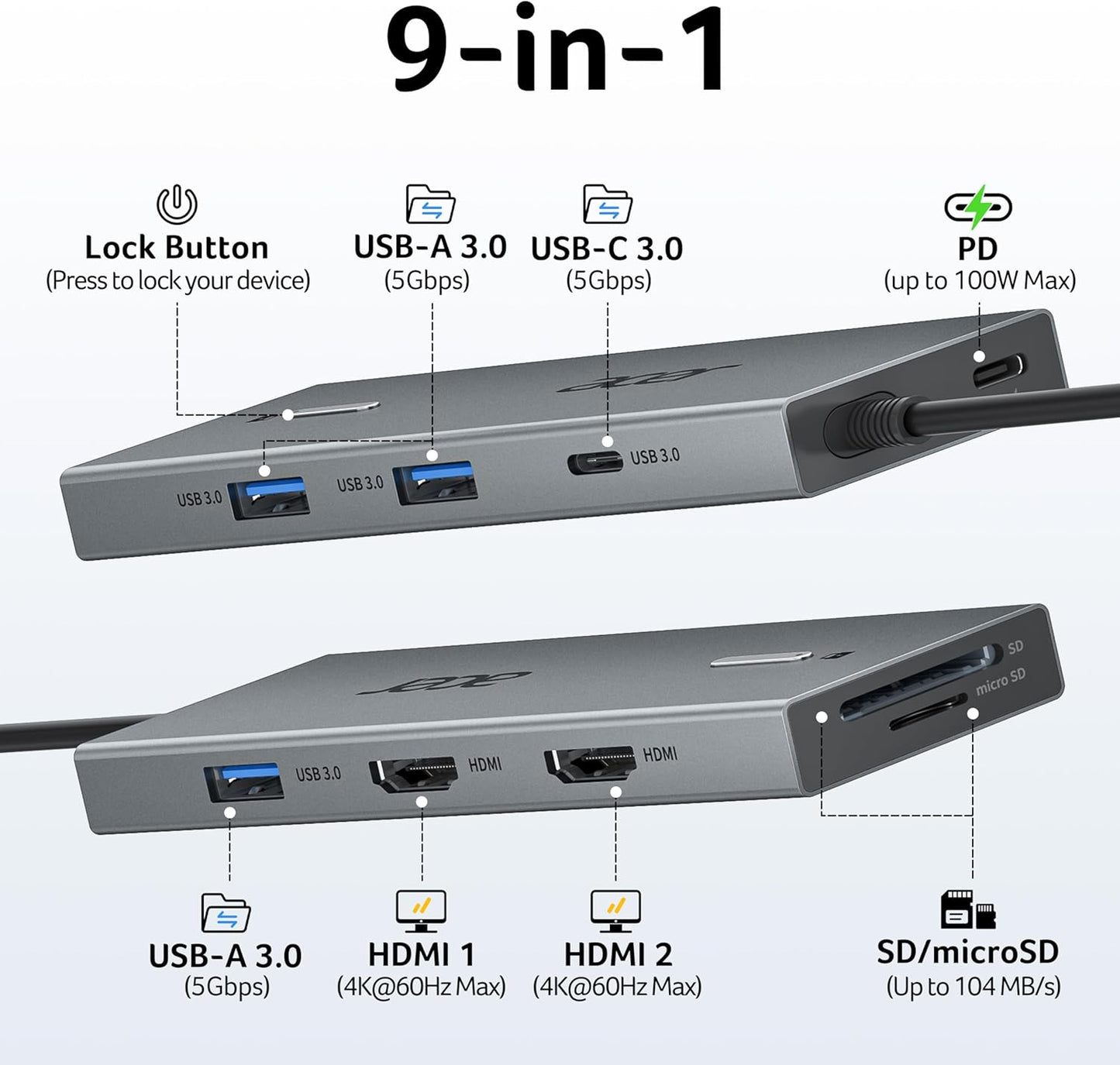Acer USB-C Docking Station Dual Monitor, 9-in-1 Laptop Dock with 2 HDMI | Laptop Docking Station with 4K@60Hz HDMI, USB A&C 3.0, SD/Micro SD, 100W PD Compatible with Acer/Dell XPS/HP/Mac (0.65FT)