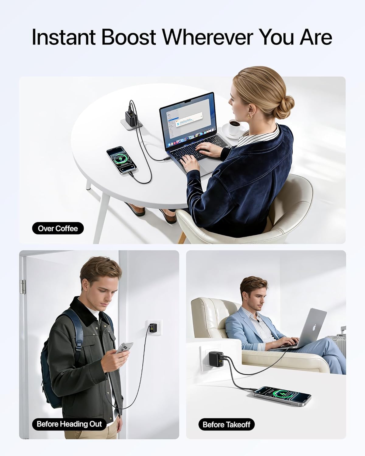 Baseus Enerfill 70W USB C Charger, Fast Charging Block with Foldable Plug | 3 Port GaN Wall Brick Charger Type C for MacBook Pro, iPad Pro, iPhone 17/16/15 Series, Galaxy S25/24, Airpods 4 & More