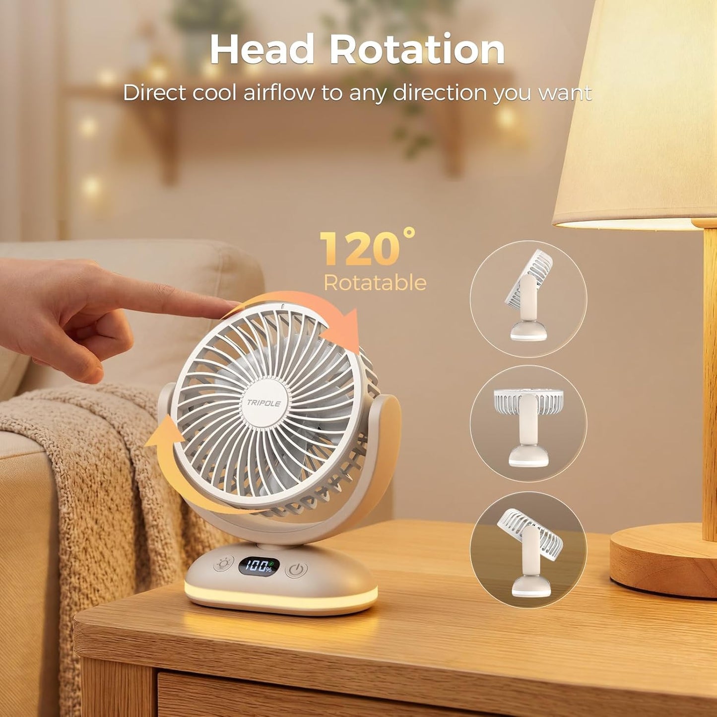 TriPole Desk Fan Small Quiet, Rechargeable Mini Portable Fan with LED Light | 31H Runtime, Digital Display, Night Light, 4 Speeds, Battery Operated Fan for Bedroom Sleeping Office Travel Camping Cruise