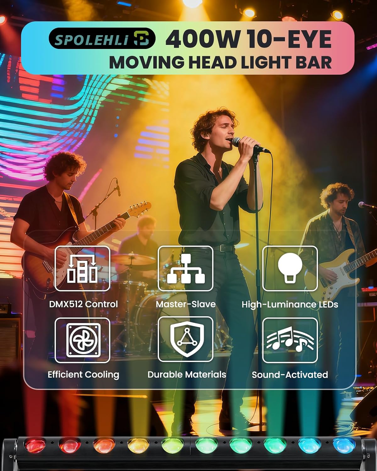 2 Pack 400W 10-Eye Moving Head Light Bars, 127+ Dynamic Effects, RGBW 4-in-1 Wall Washer Lights, DMX512 Sound-Activated DJ Stage Lighting for Wedding Party Theater