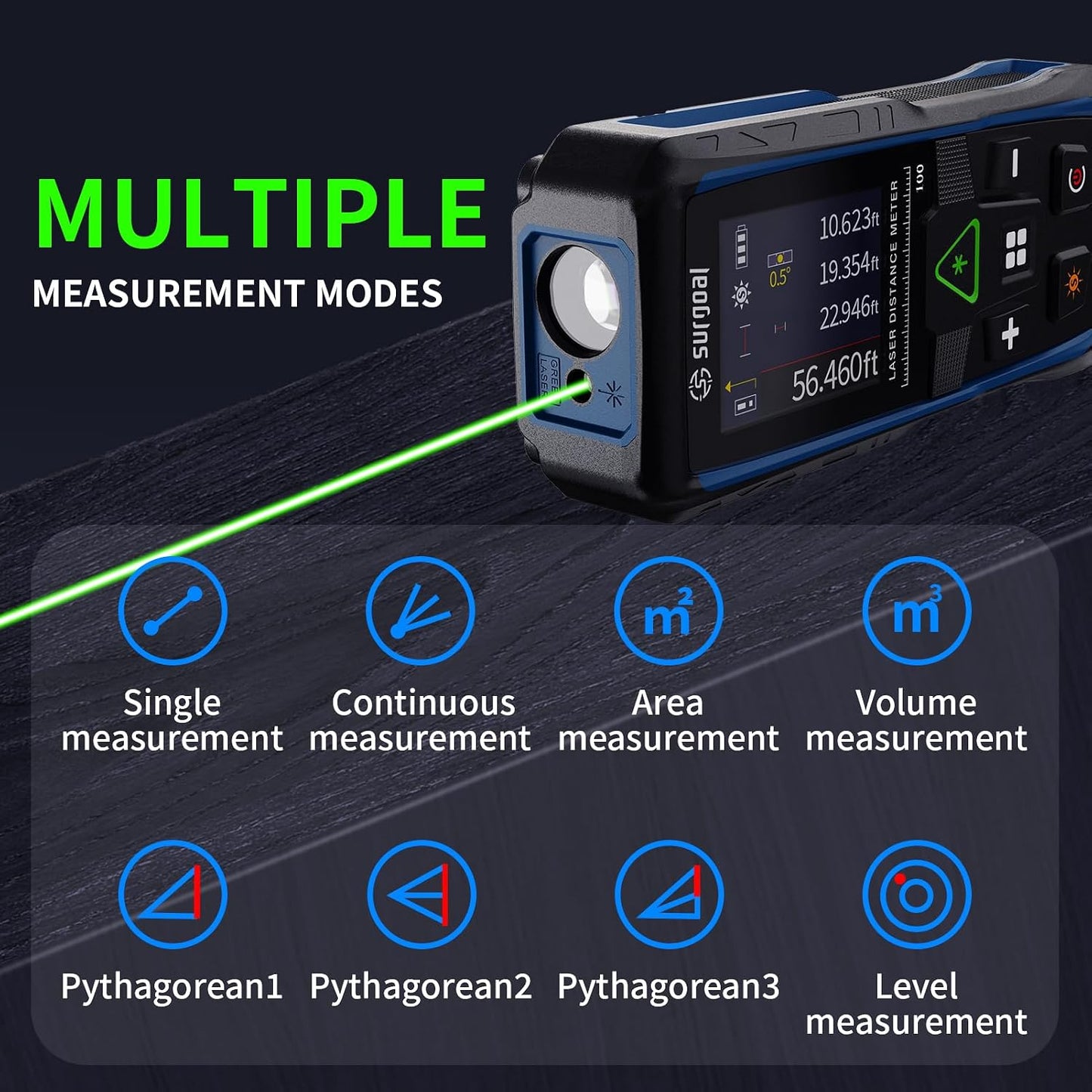 Green Laser Measure with Angle Sensor Rotating Color LCD Vibration