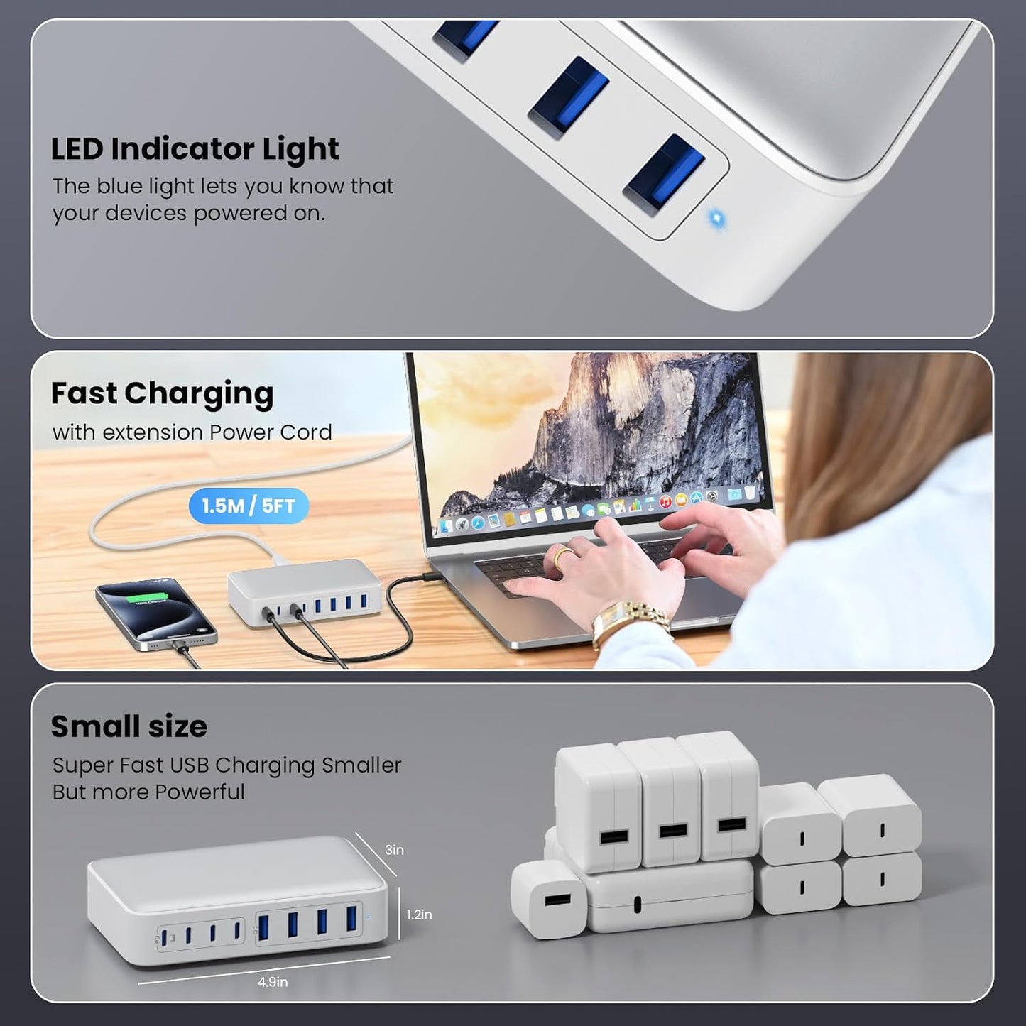 USB C Charger 200W USB C Charger Block,Upgraded GaN III 8-Port Fast Charging Station Hub,PD 65W Laptop Charging Adapter Compatible with MacBook Pro/Air,DELL,Steam Deck,iPhone 16/15/14,Galaxy S23/22