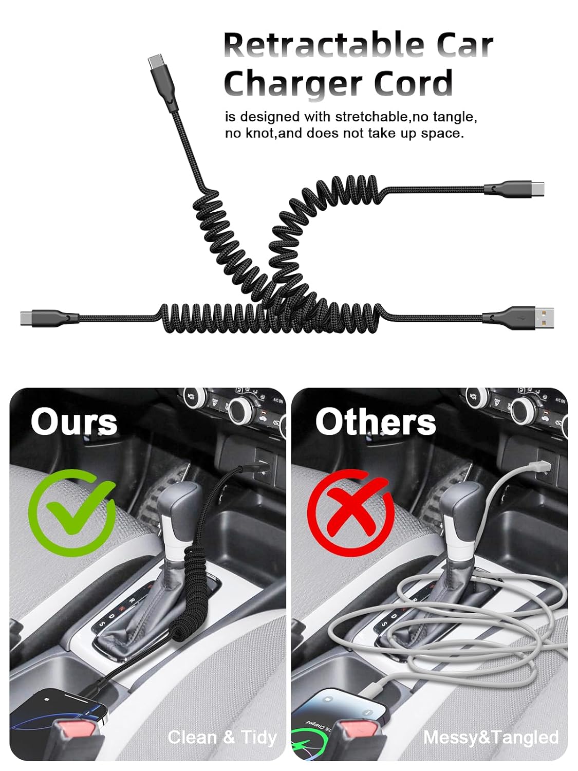 Quickeep Car Carplay Cable 2Pack 3ft Coiled USB A to USB C Fast Charge Cord for iPhone 17/16/15/Plus/Pro Max/MacBook Pro, Auto Coiled Retractable iPhone Car Cord