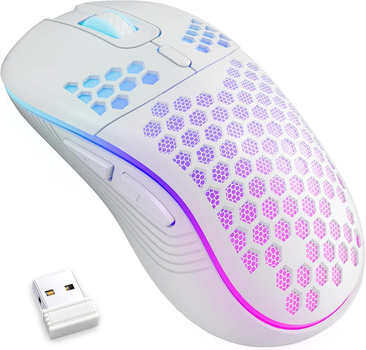 MELOGAGA Wireless Gaming Mouse RGB Rechargeable Lightweight Honeycomb White | 7-Color LED Light, 4 DPI Levels, USB-C Recharge & Stable 2.4G Wireless for PC Mac Laptop Desktop Computers
